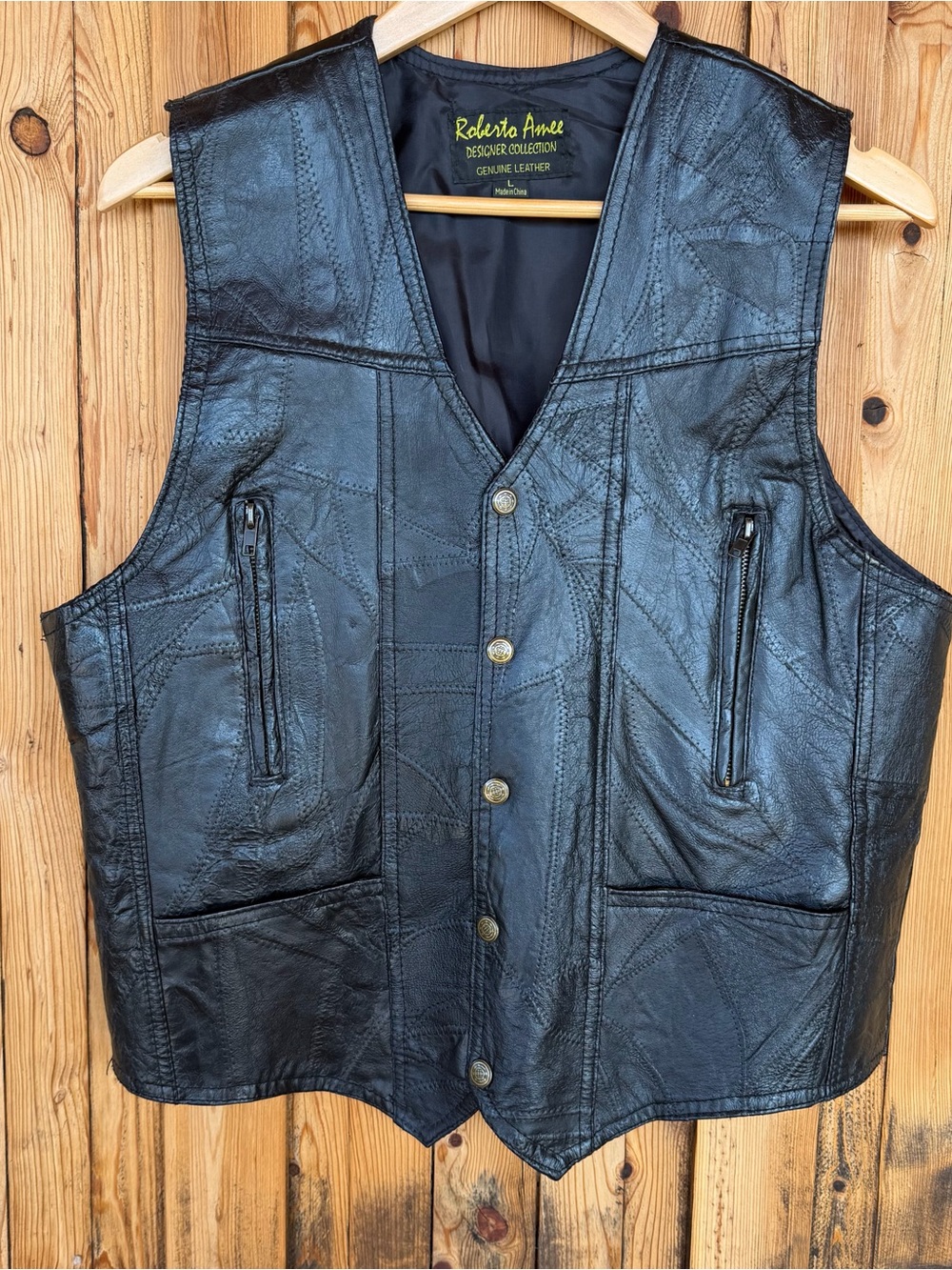 Roberto Amee Mens L Genuine Leather Patchwork Biker Vest Black Zip Pockets